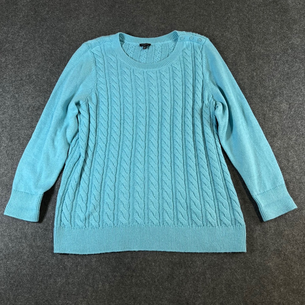 Talbots Plus Womens 1X Turquoise Blue‎ Cable Knit Shoulder Button Sweater Cotton